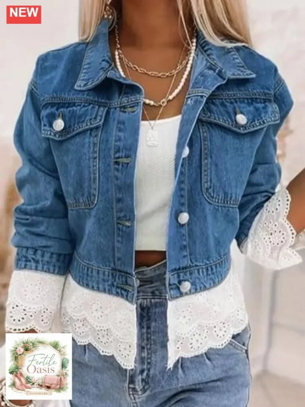 Trendy Color Block Lace Denim Jacket Oversized Button Down Shacket